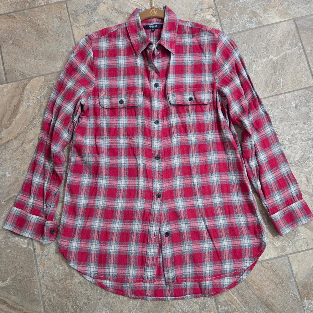 Madewell Red Grey Plaid Flannel Button Down Shirt XS Long Sleeve Curved Hem